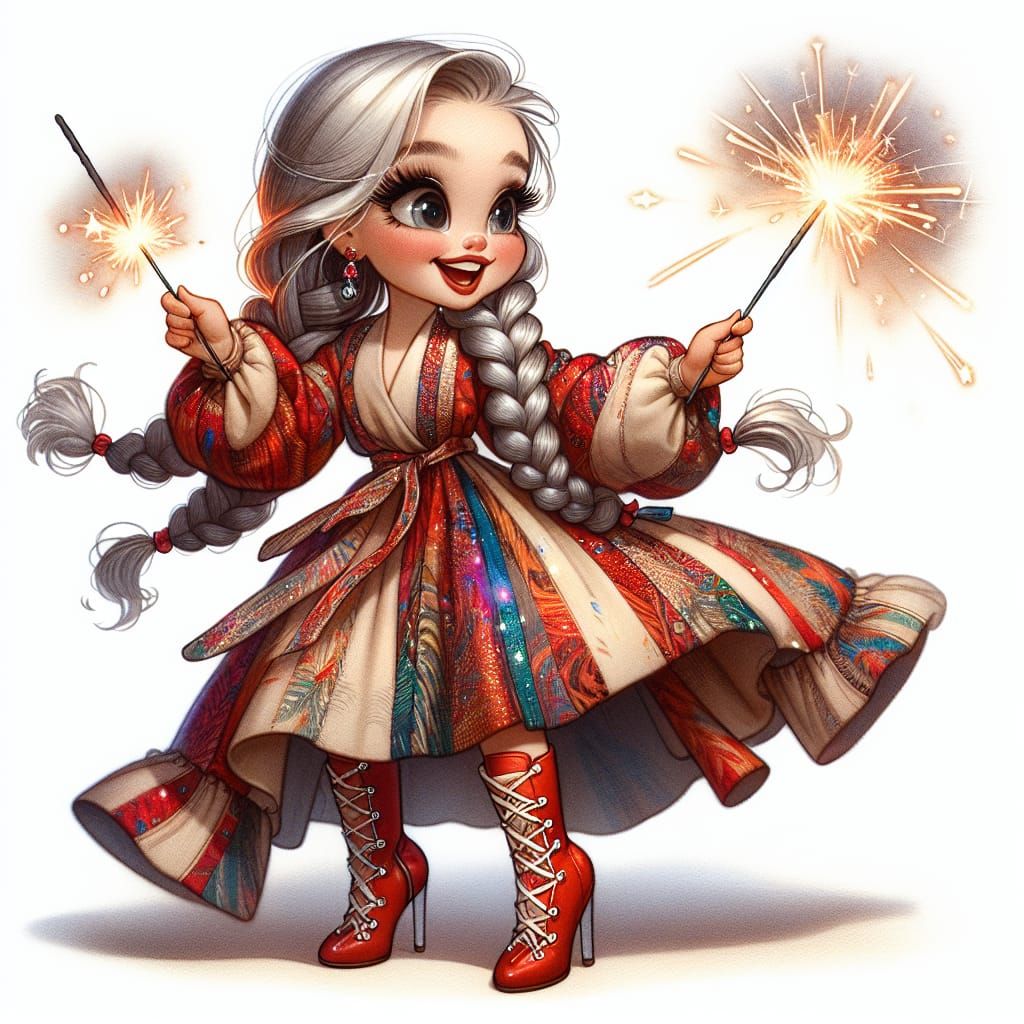 Quirky Woman Celebrates New Year's Eve in Vibrant Cartoon St...