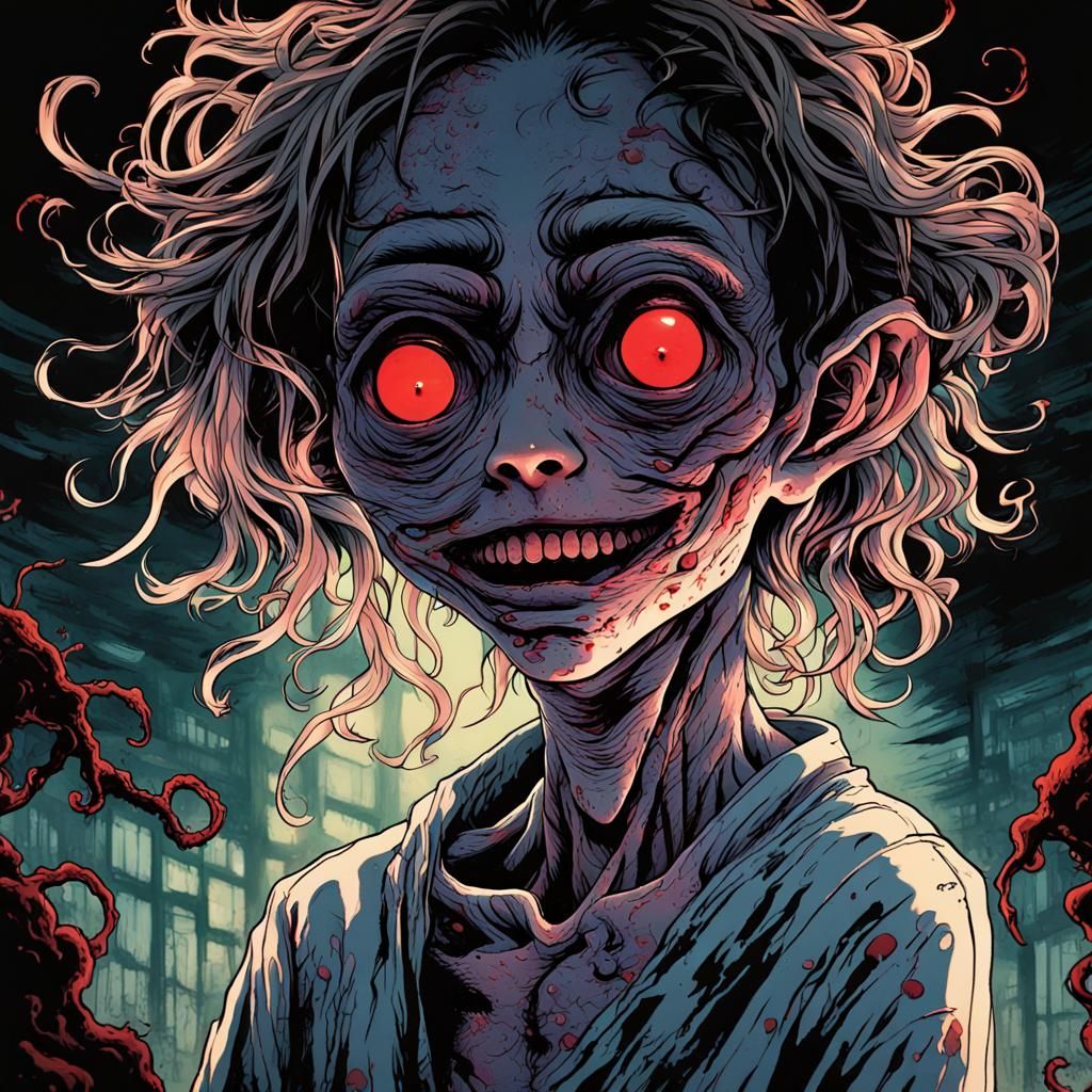 Grotesque Anime Horror Character in Surreal Setting