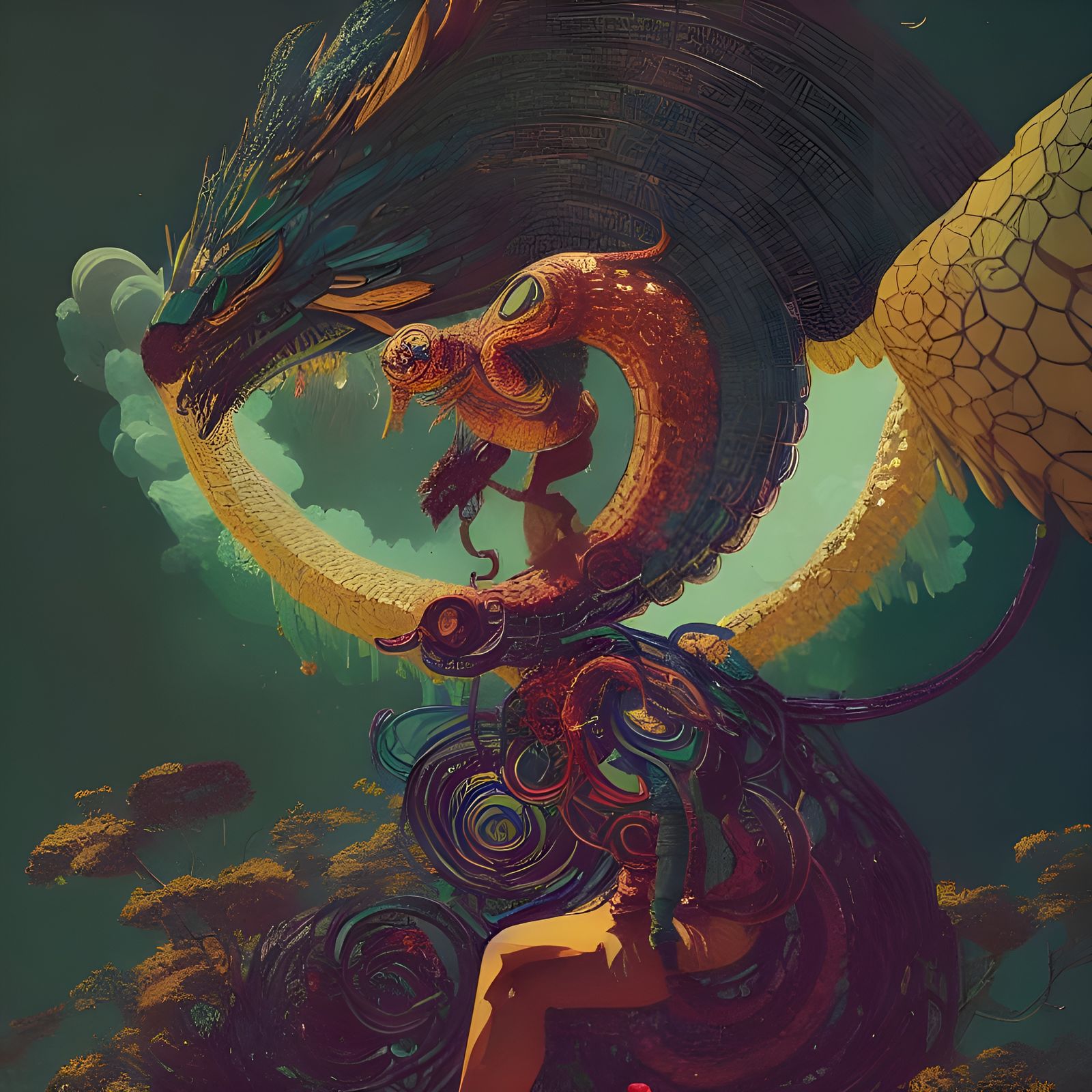 Quetzalcoatl Portrait in Hypermaximalist Matte Style