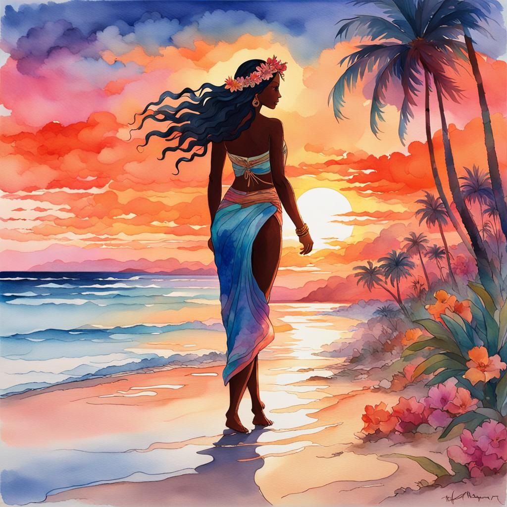 Hera on Beach at Sunset in Watercolor Style