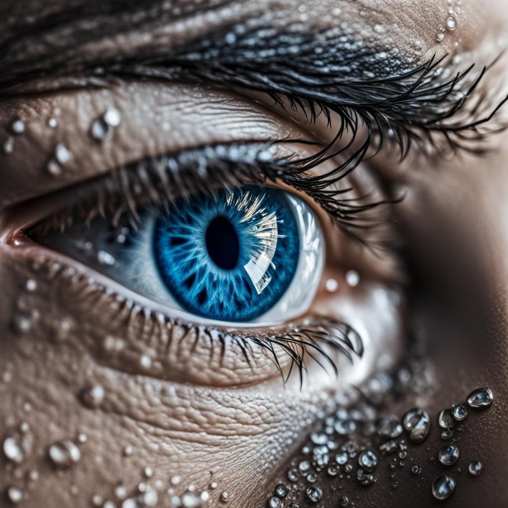 Hyperrealistic Blue Eye Crying Tears