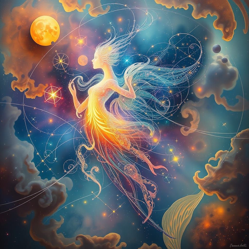 Ethereal Goddess Blodeuwedd in Cosmic Nebula