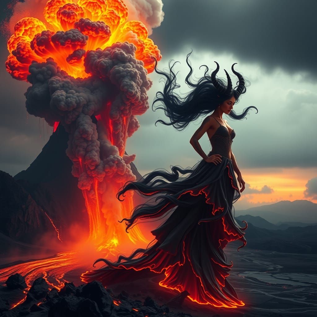 Volcanic Eruption Creates Demon, Dark Fantasy Art
