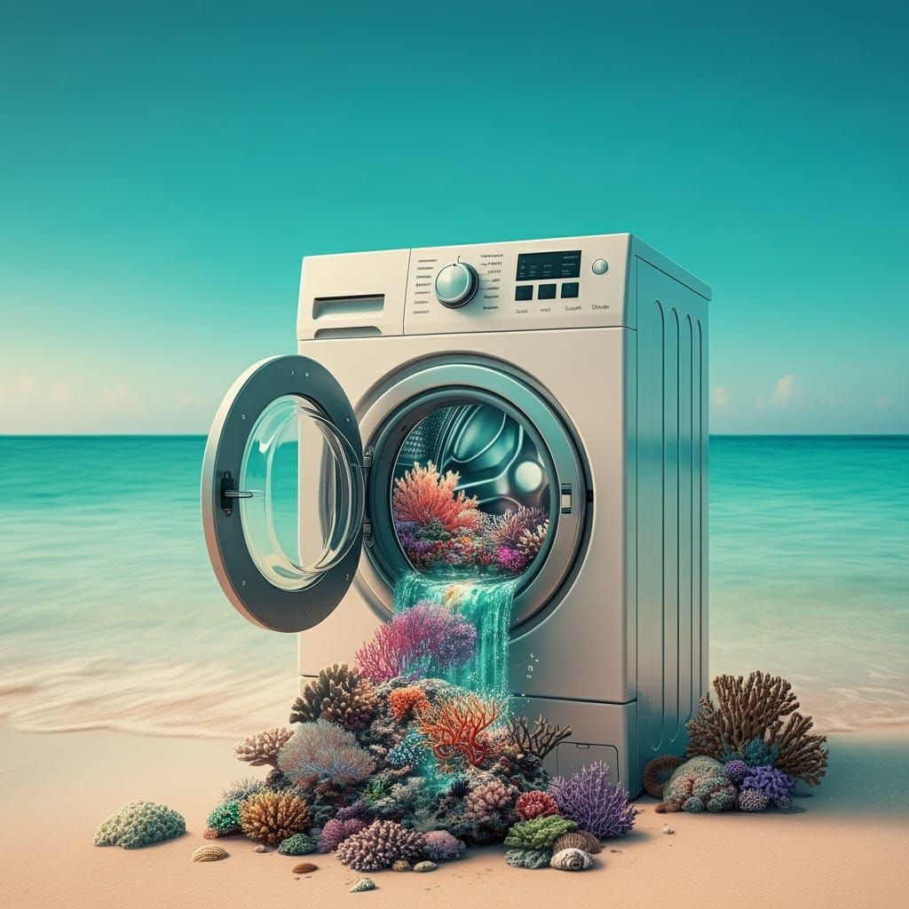Background: the Caribbean Islands,
hyperrealistic,
Washing machine is on the beach with the washing machine door open,...