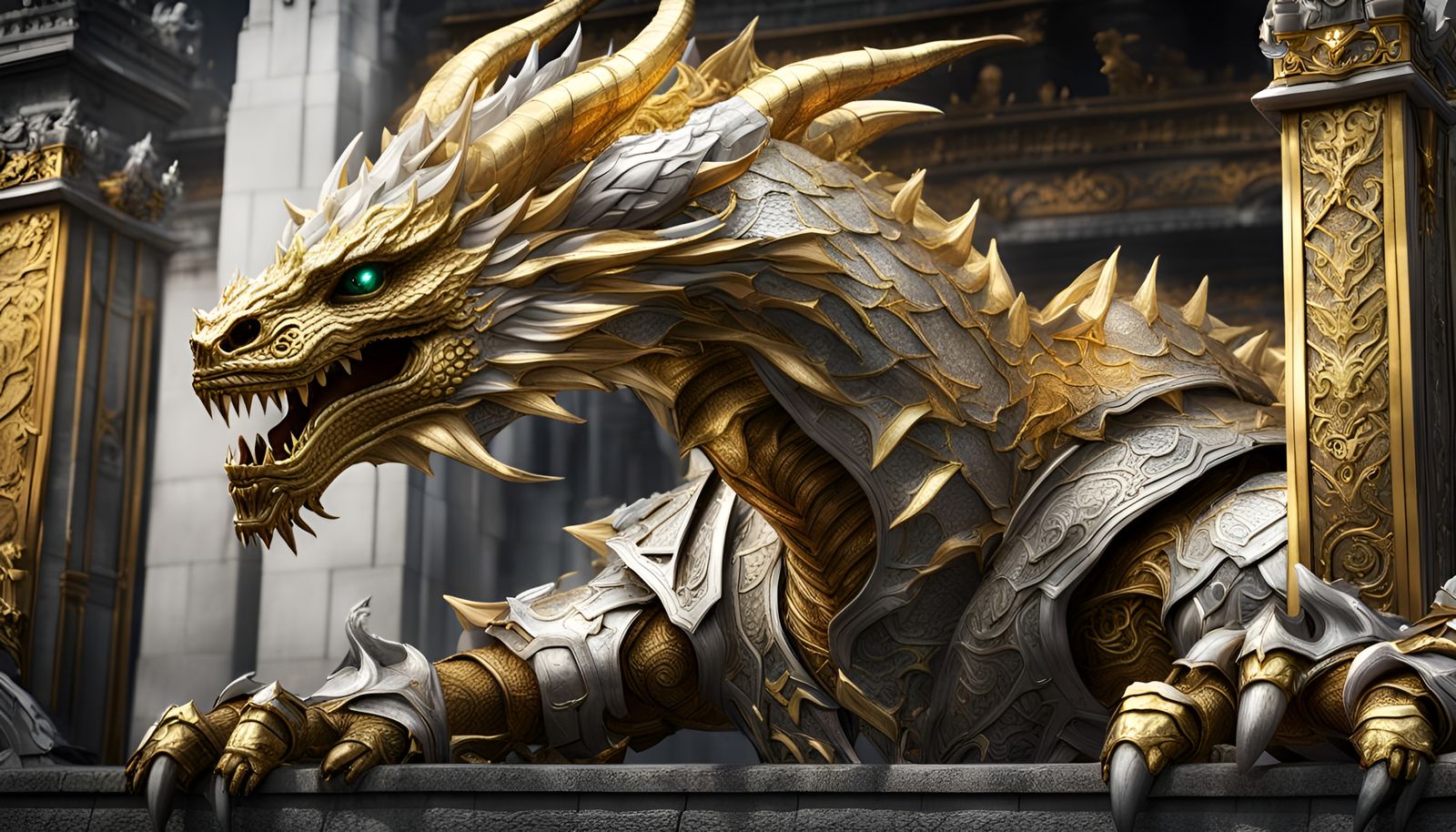 Armored White and Gold Dragon Guarding Hades Gates
