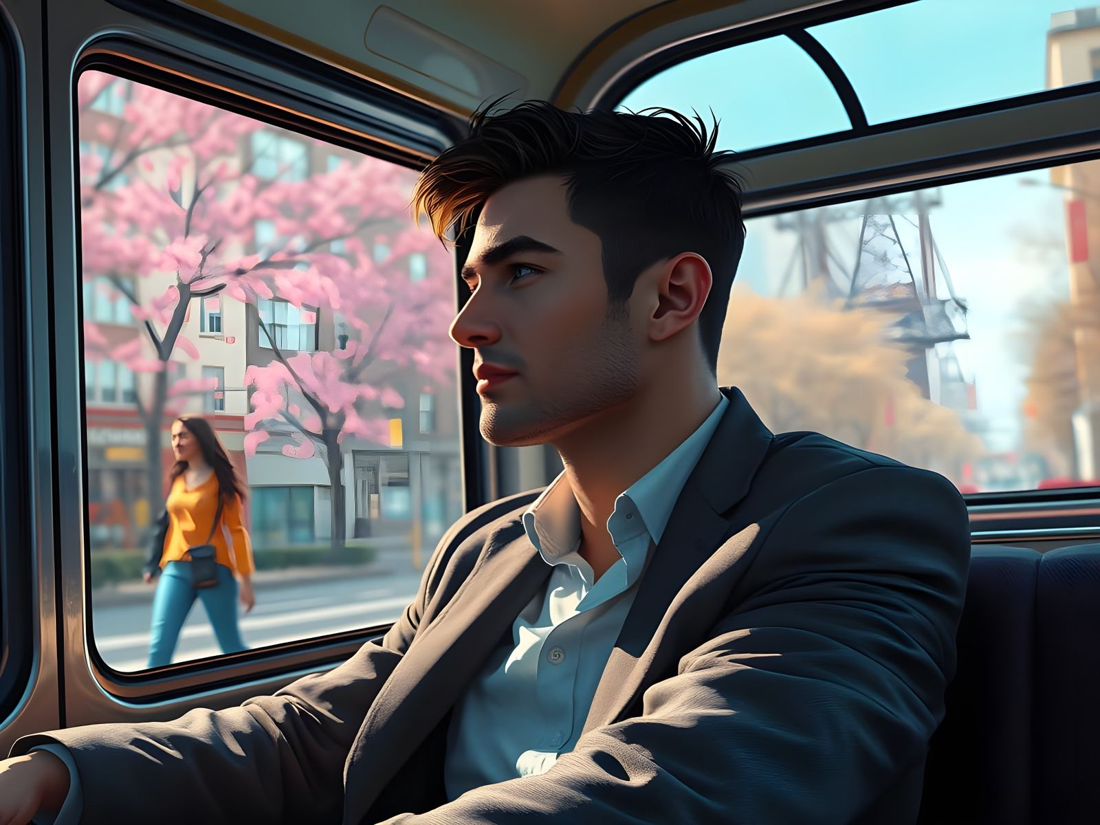 Handsome Man on Trolleybus with Smiling Woman in Spring