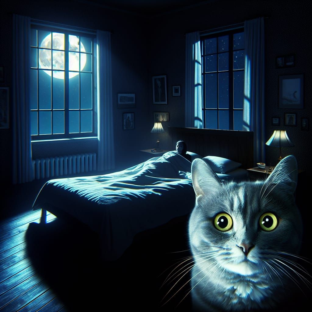 Eerie Cat's Gaze in Gloomy Bedroom