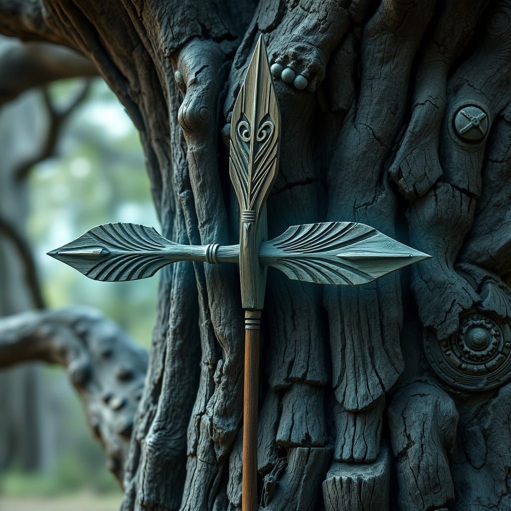 Ancient Tree Radiates Ethereal Blue Glow with Stuck Wooden A...