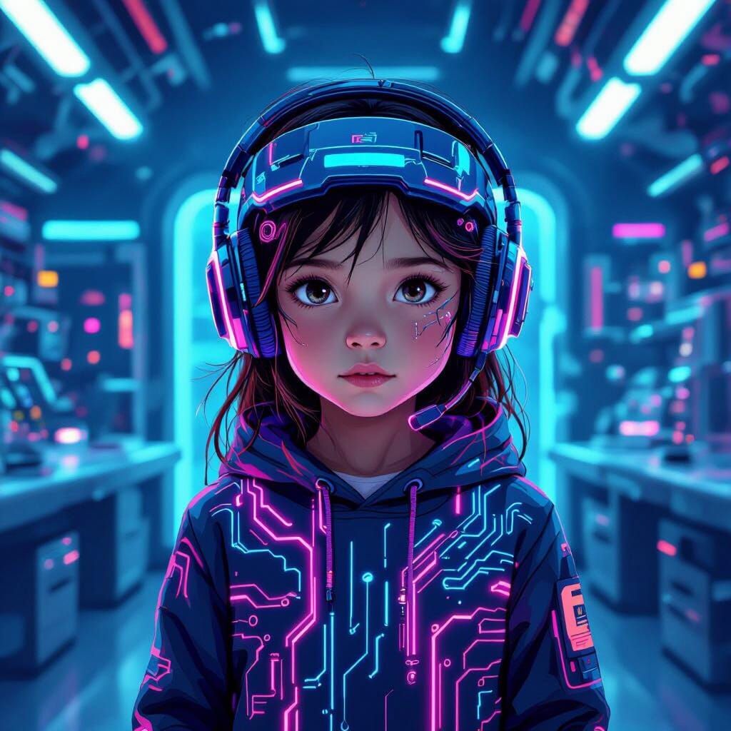 Girl with Futuristic Headset in Retrofuturistic Lab