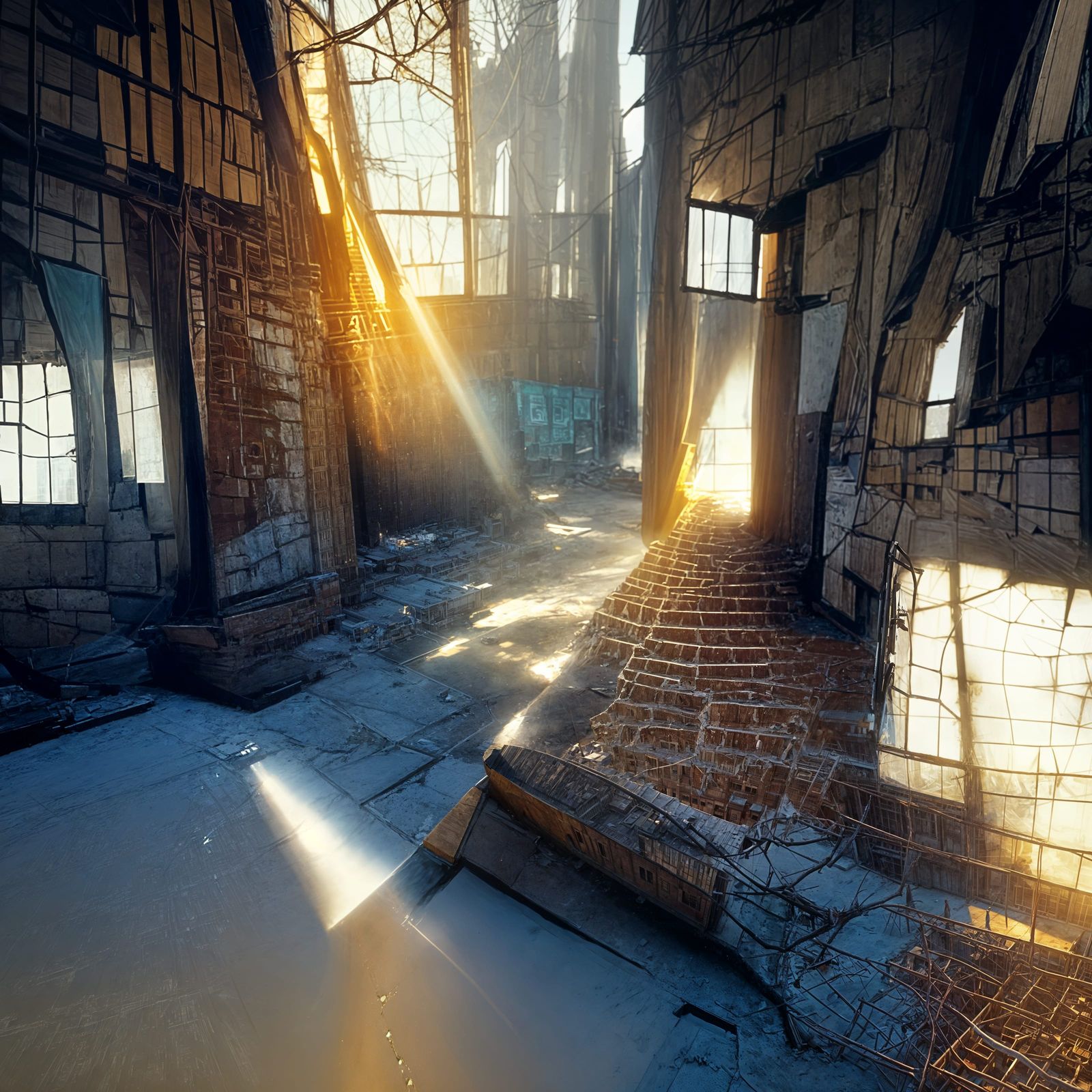 Abandoned City with Light Rays: 3D Render