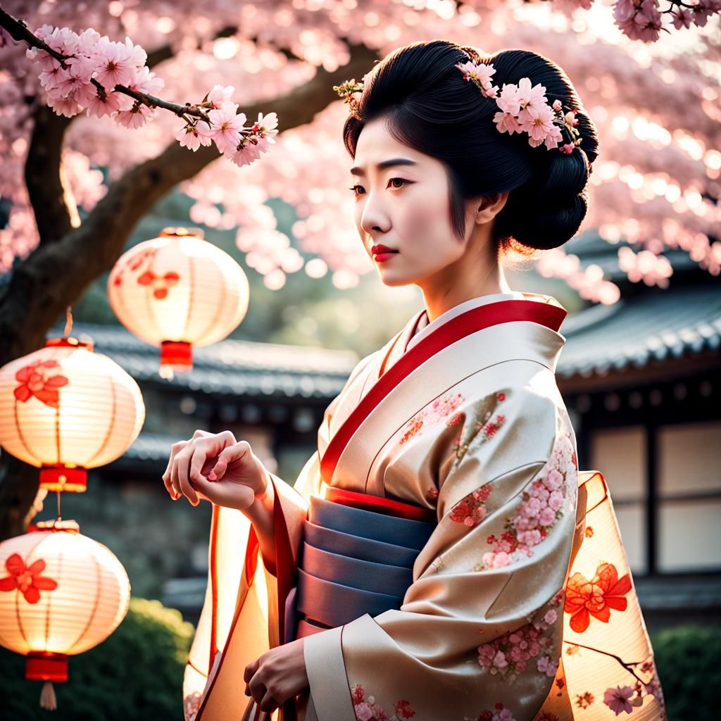 Geisha in Serene Garden: Ukiyo-e Style Portrait