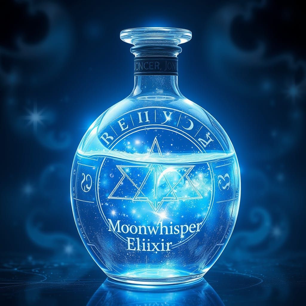 Glowing Silver-Blue Potion with Stardust in Crystal Bottle
