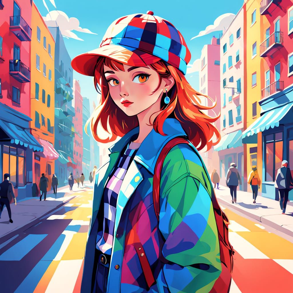 A stylish outfit covered in oversized, colorful gingham