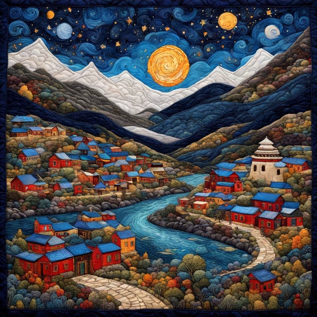 Tibetan Village Summer Scene in Intricate Quilted Fabric Col...
