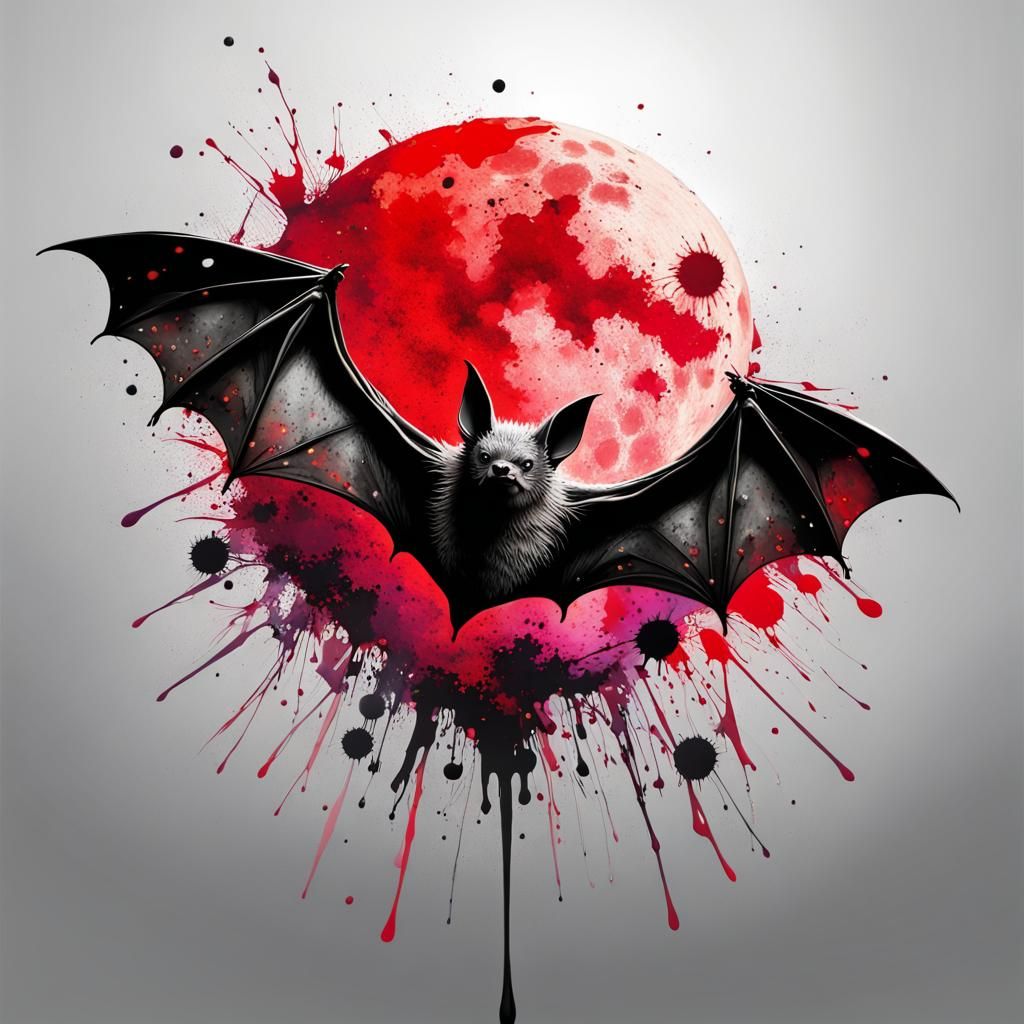 Giant Bat Ink Splatter Art with Moon