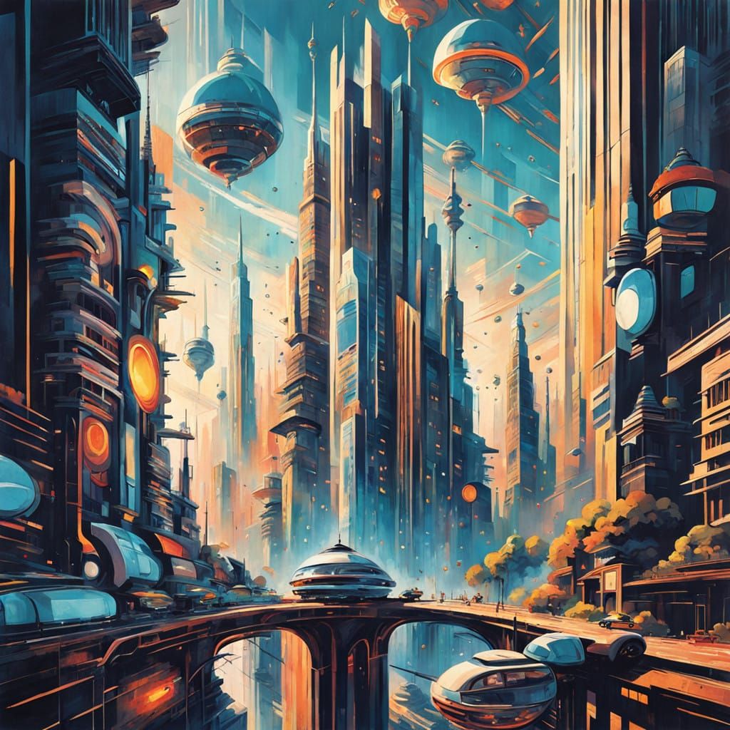Retro-Futuristic Metropolis of Chrome Skyscrapers and Flying...