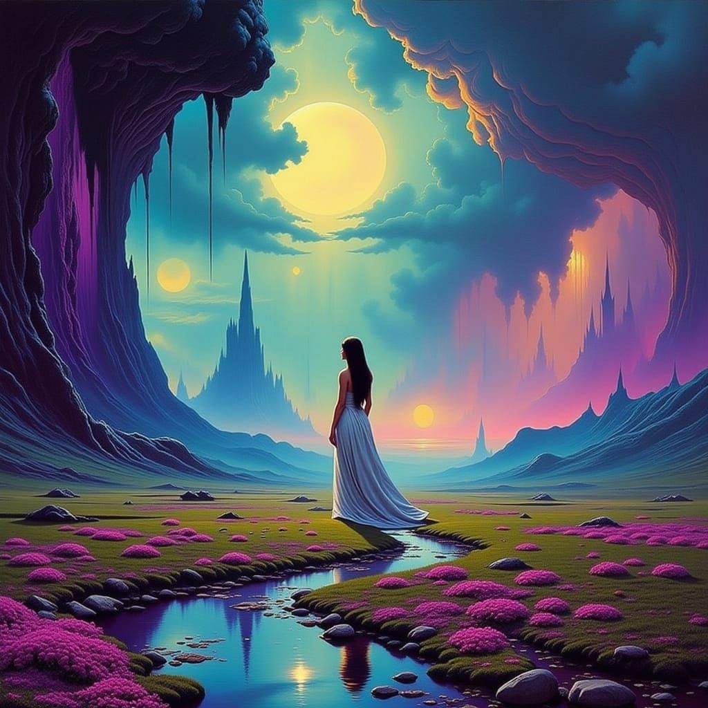 Dreamlike Portrait in Vivid, Fantastical Landscape