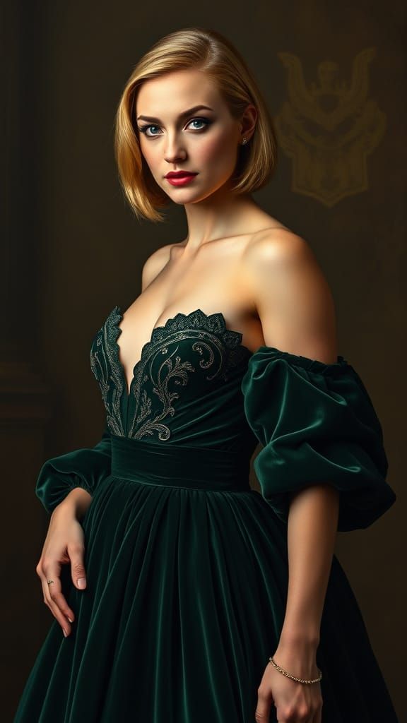 Regal Warrior-Woman in Luxurious Dark Green Velour Gown