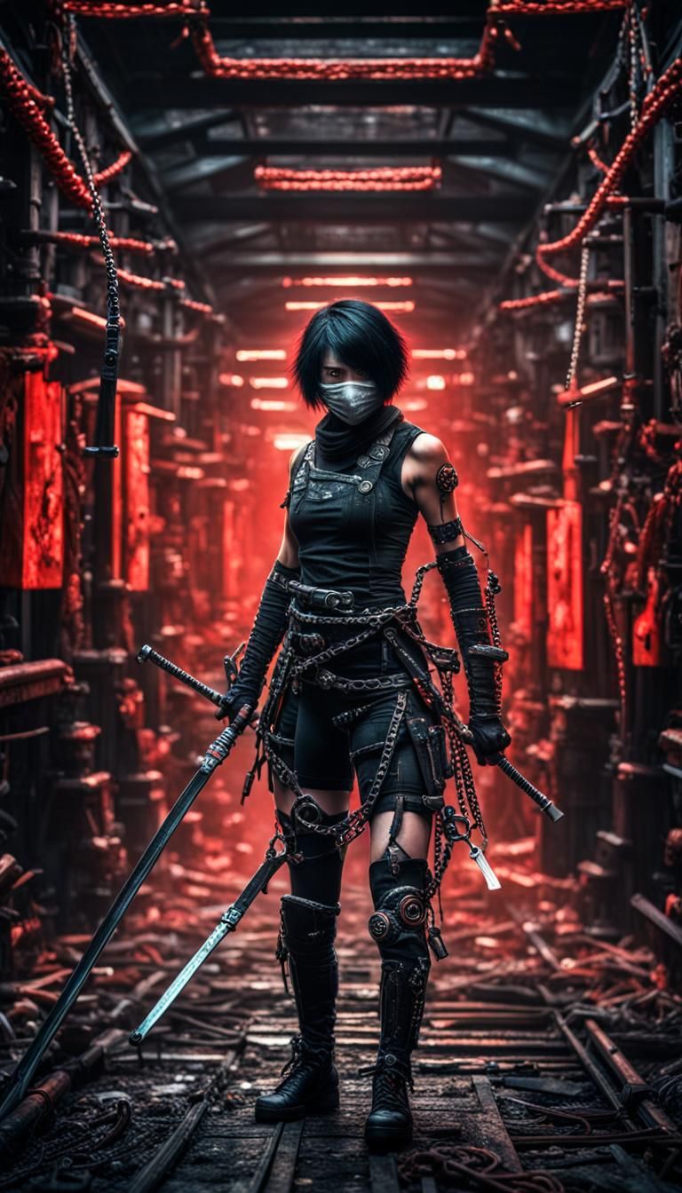 Cyberpunk Ninja Women with Katanas in Gothic Setting