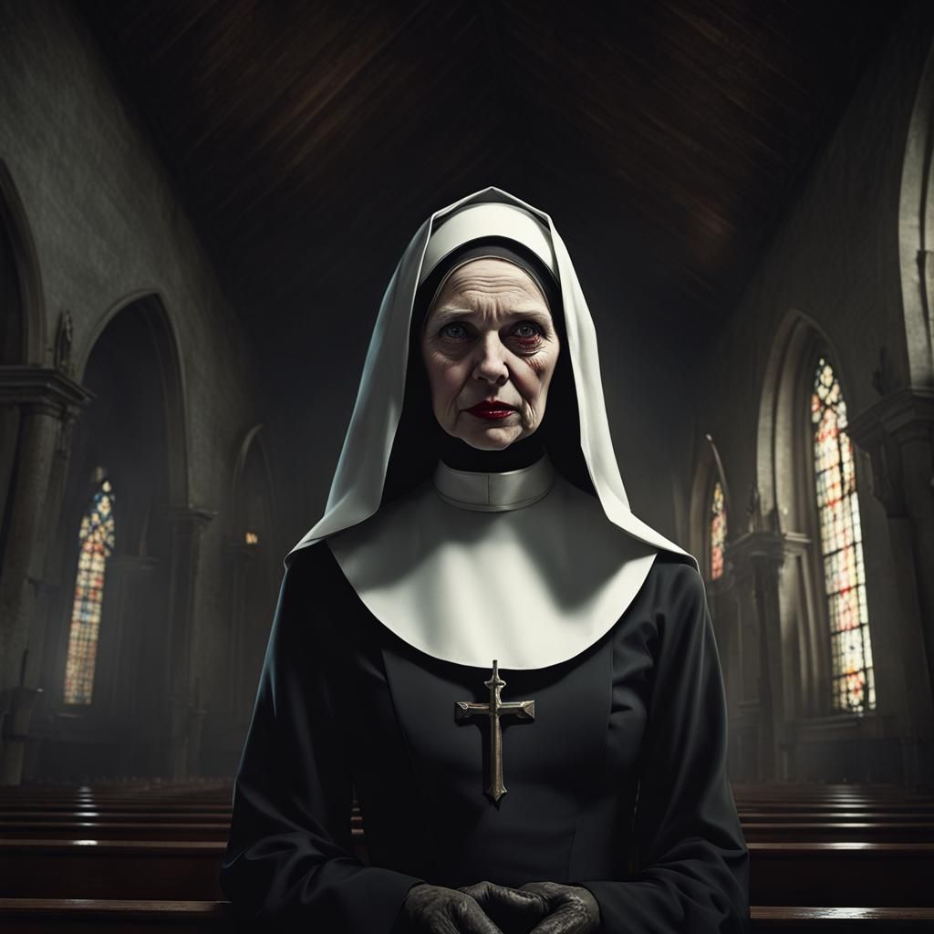 Sinister Demonic Nun in Dark 19th-Century Church