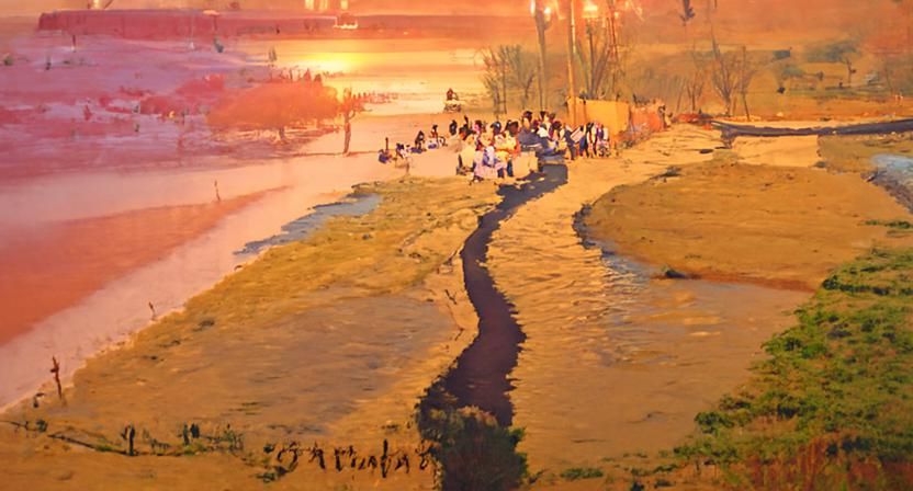 River in Sunset with School Students on the river side