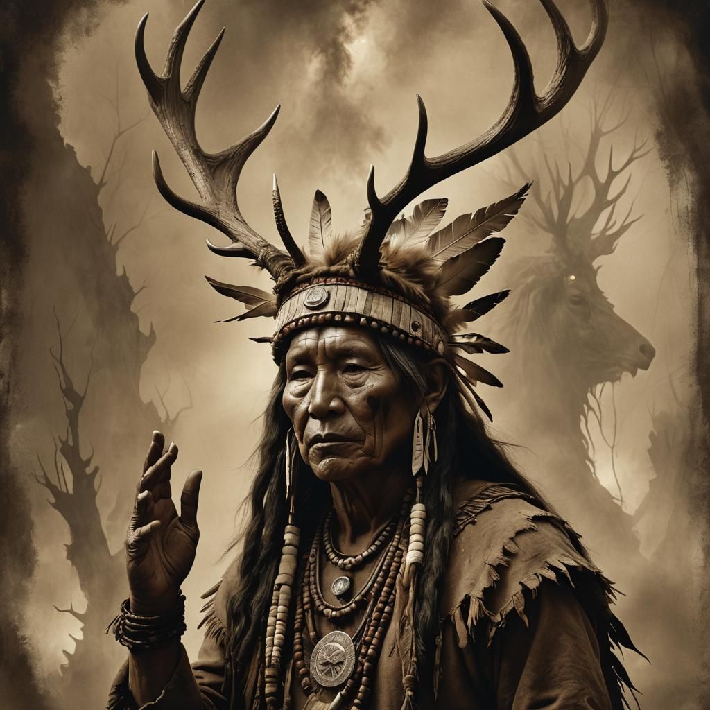 Native American Shaman with Antlers in Sepia Tone