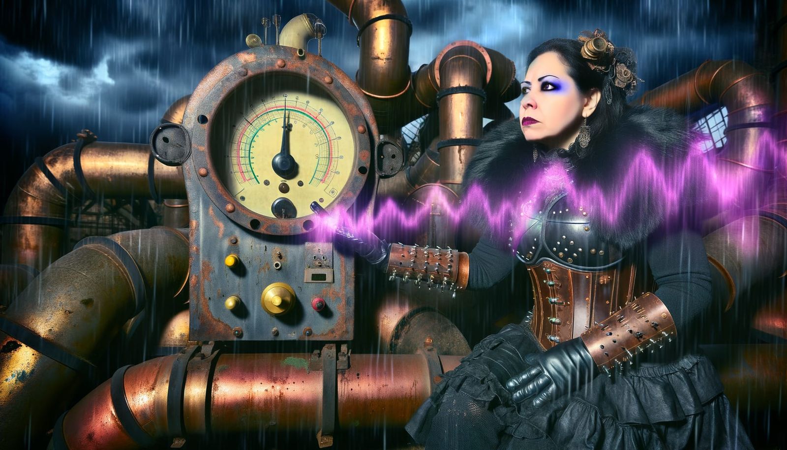 Goth Steampunk Siren Amidst Industrial Ruins