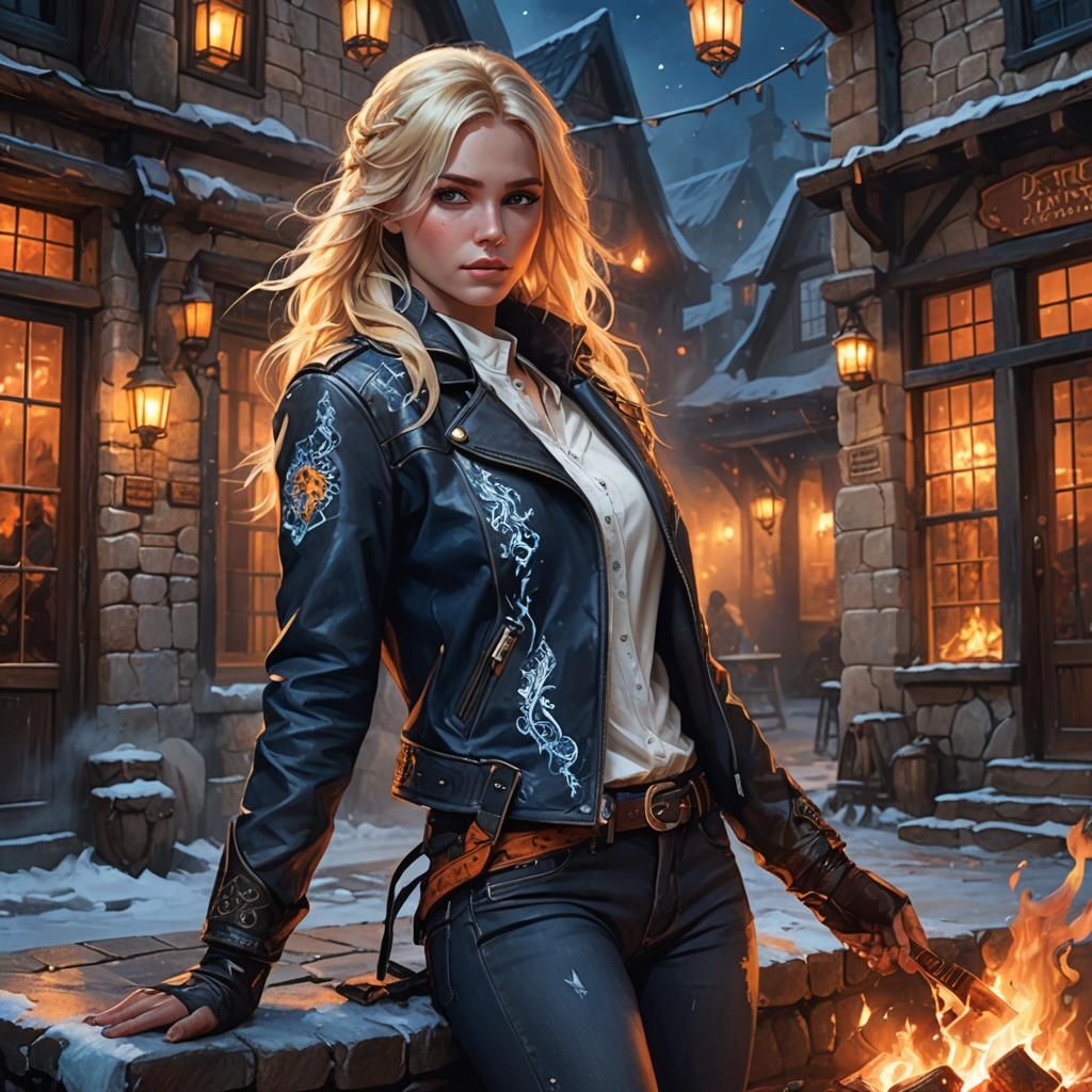 Blonde Woman by Tavern Fire: Fantasy Art