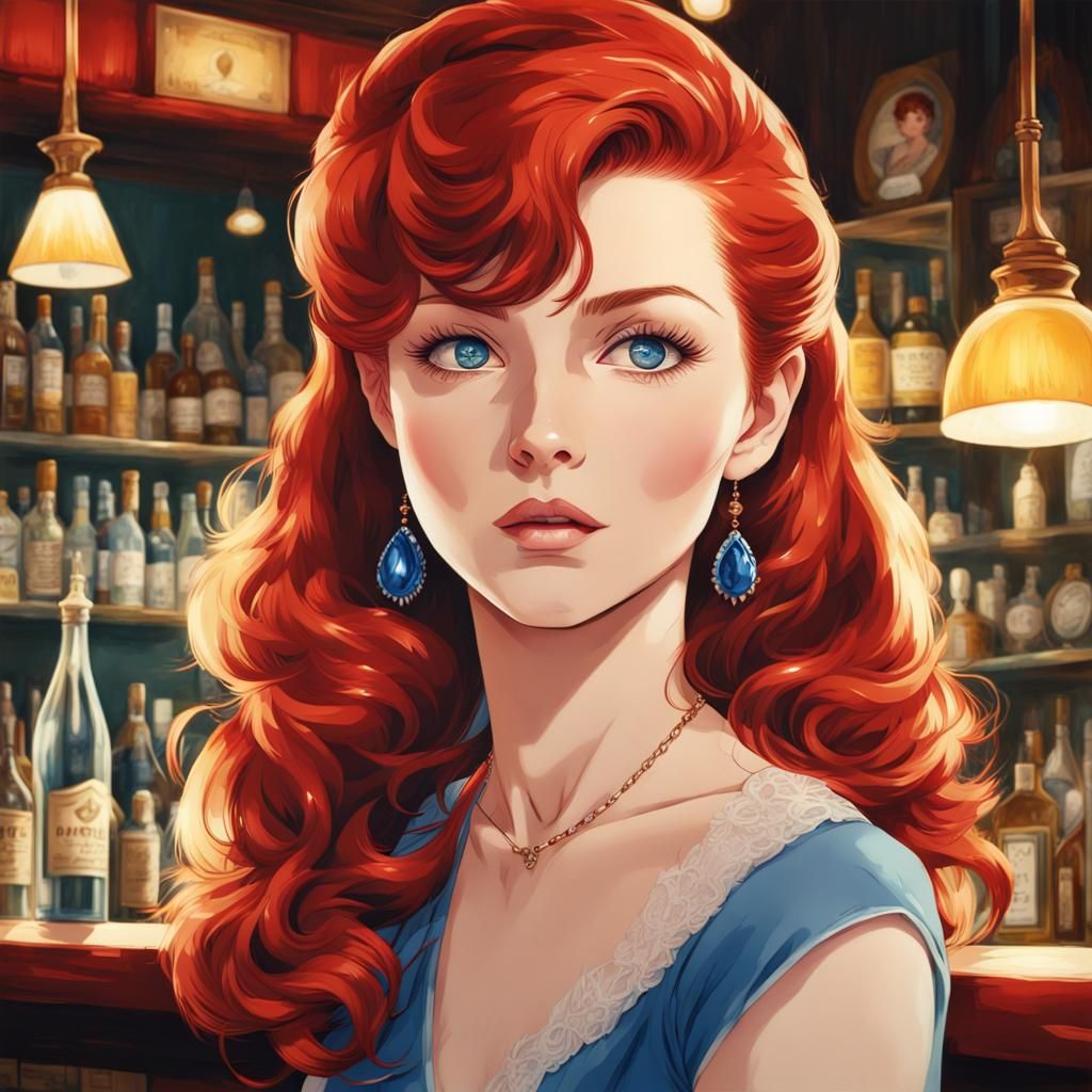 Anime Portrait of a Red-Haired Woman in a Bar