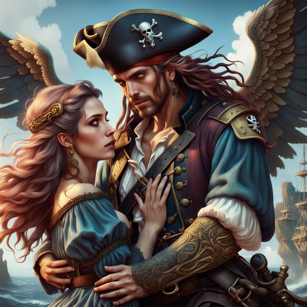 Pirate Lady Cuddling Angel: Detailed Fantasy Art