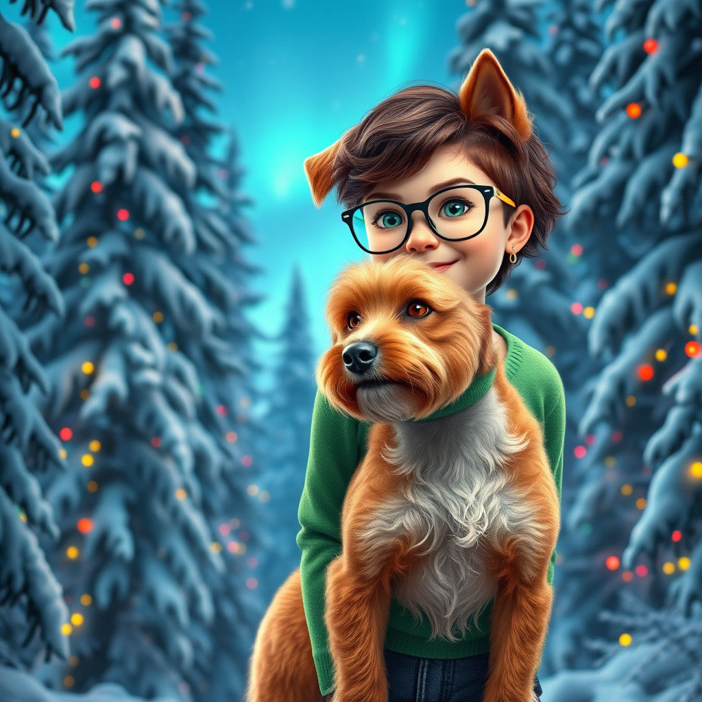 Whimsical Terrier and Girl in Christmas Forest