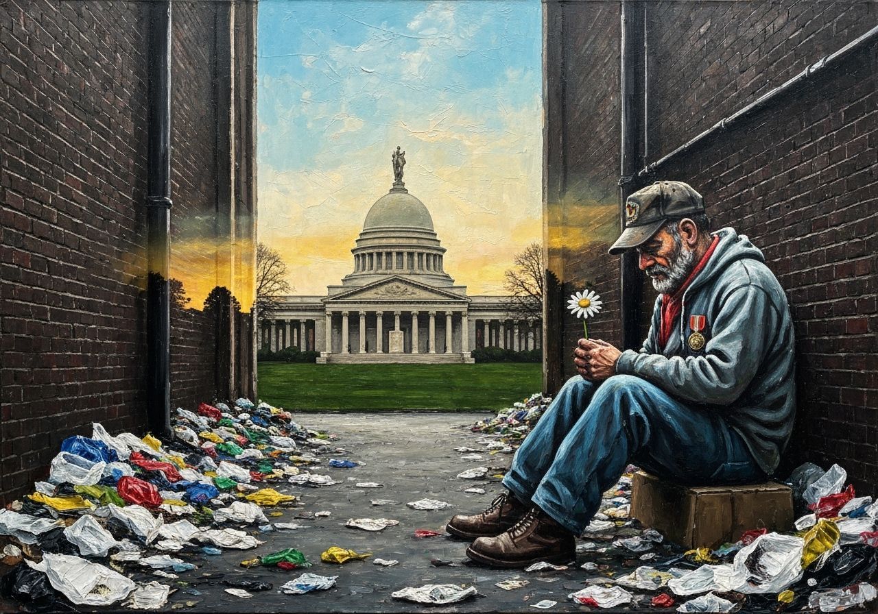 Veteran's Solitude: Daisy in Dim Alley with Arlington Silhou...