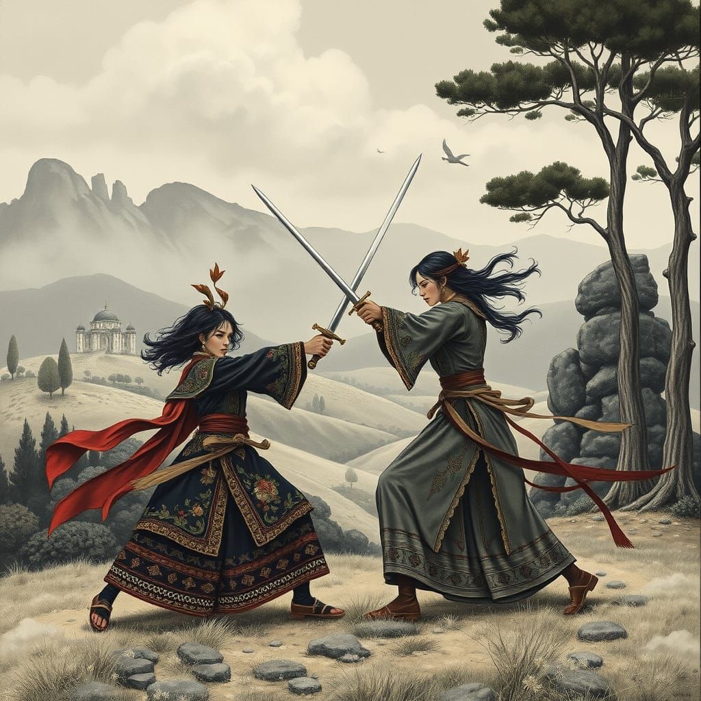 Monochrome Sword Duel in Art Nouveau Style