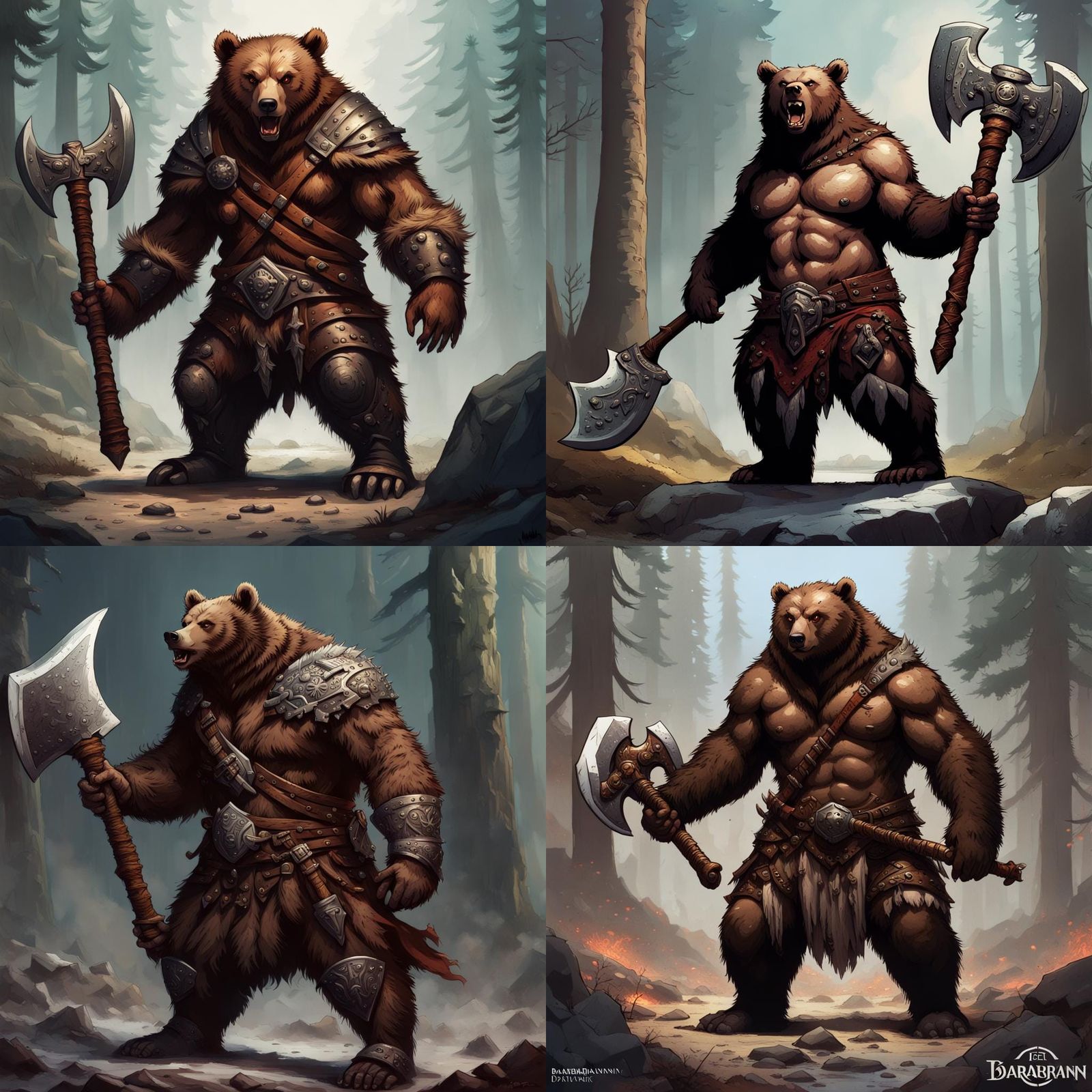 Bear Barbarian with Double Axe, Detailed Matte Painting
