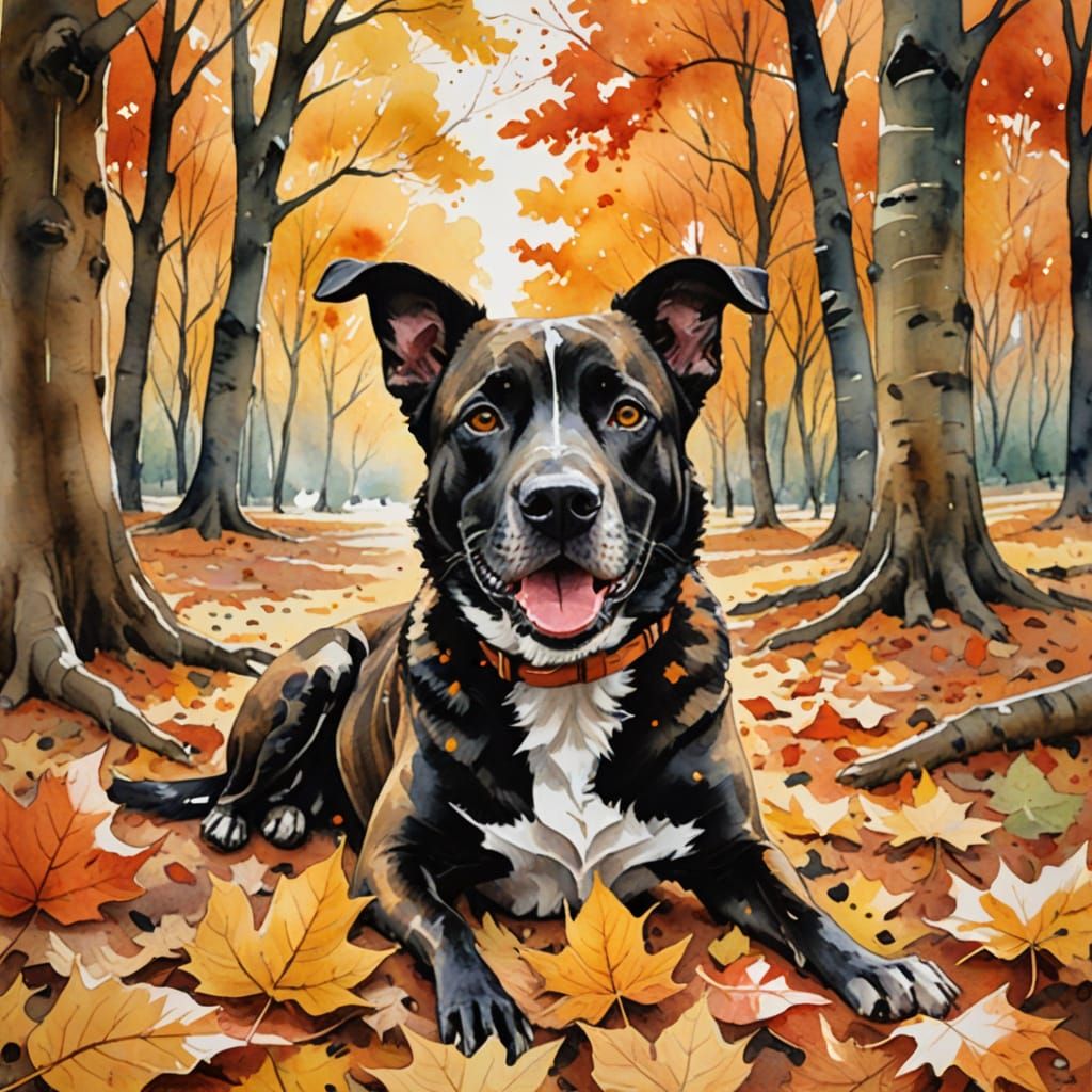 Brindle Dog in Autumn Leaves: Watercolor Painting