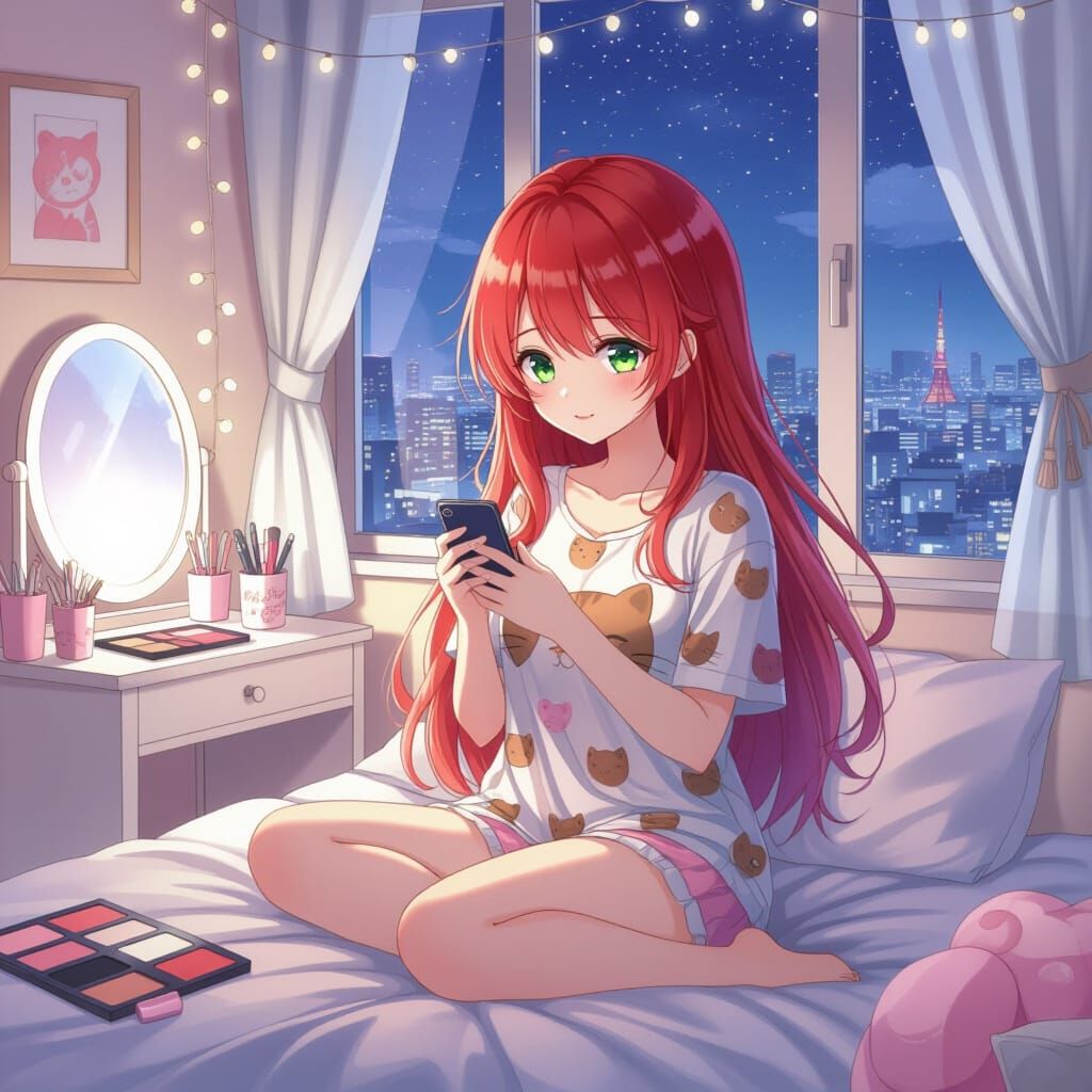 Anime Style: Woman in Tokyo Bedroom at Bedtime