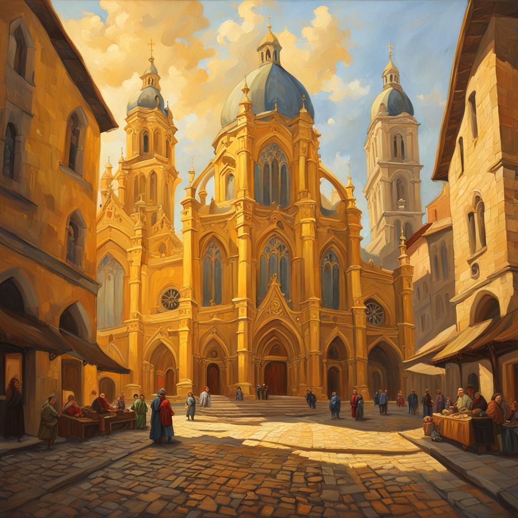 Sunny Yellow Cathedral in Oil Painting Style
