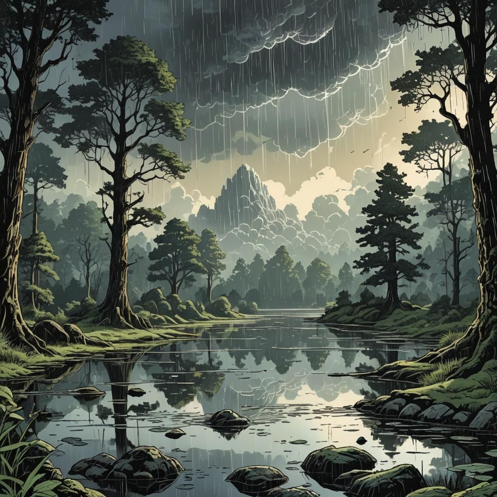 Rainy Dawn at Forest Pond: Retro D&D Illustration