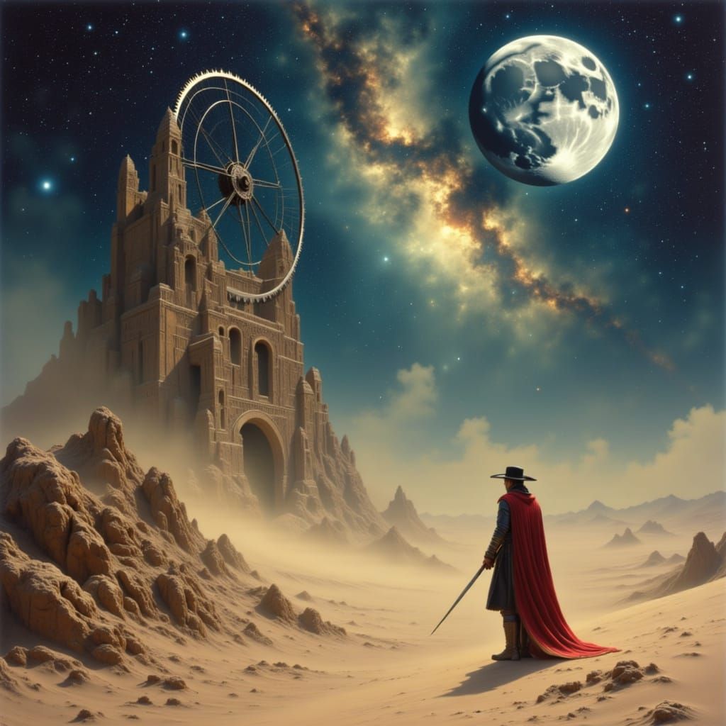Musketeer in Desert Under Twin Moons, Steampunk Ruins