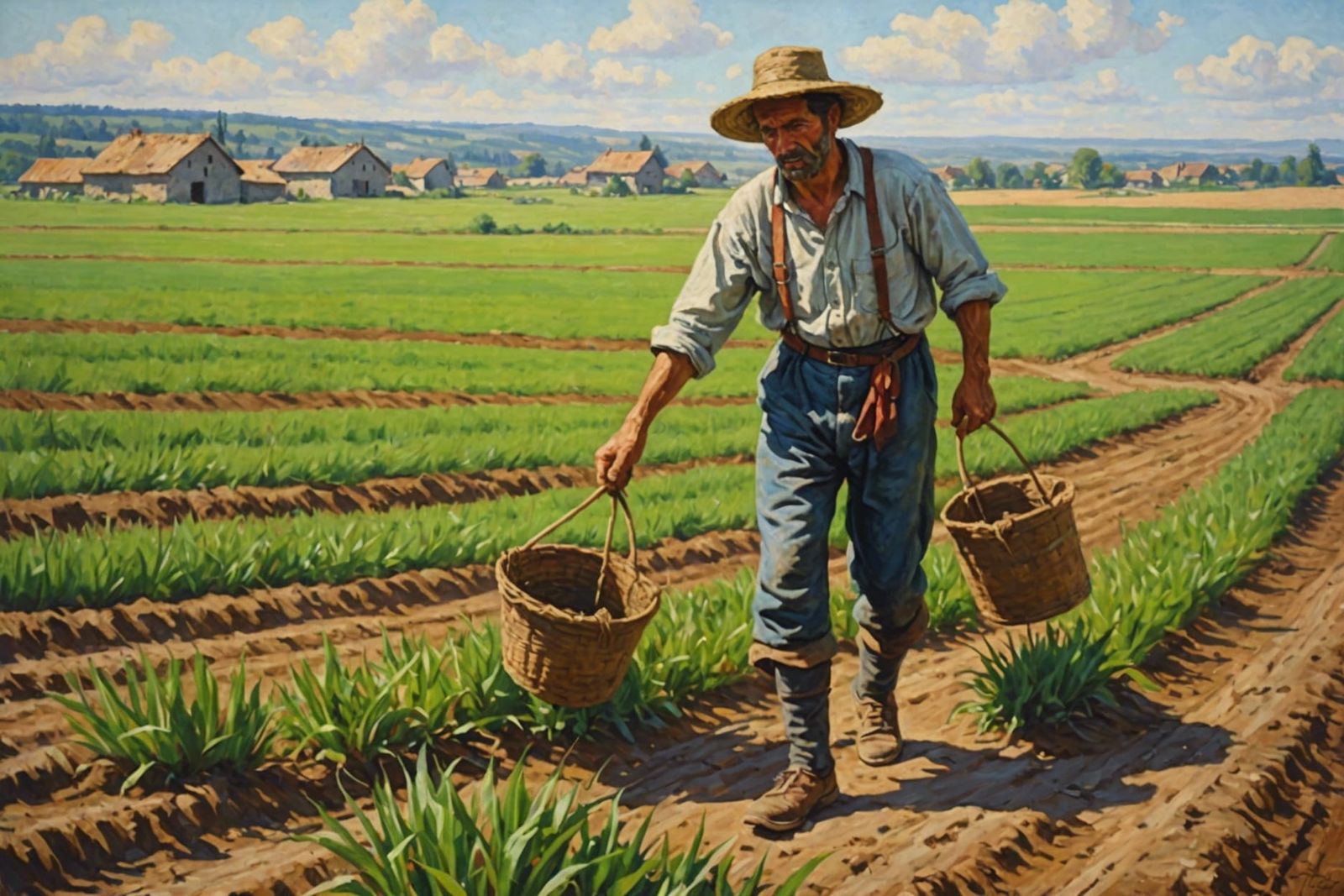 Peasant Working in Field: Oil Painting