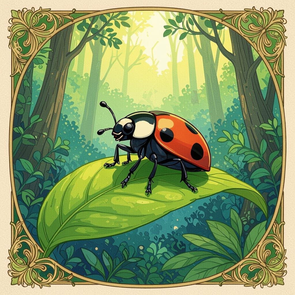 Cute Bug on Leaf in Whimsical Forest Illustration