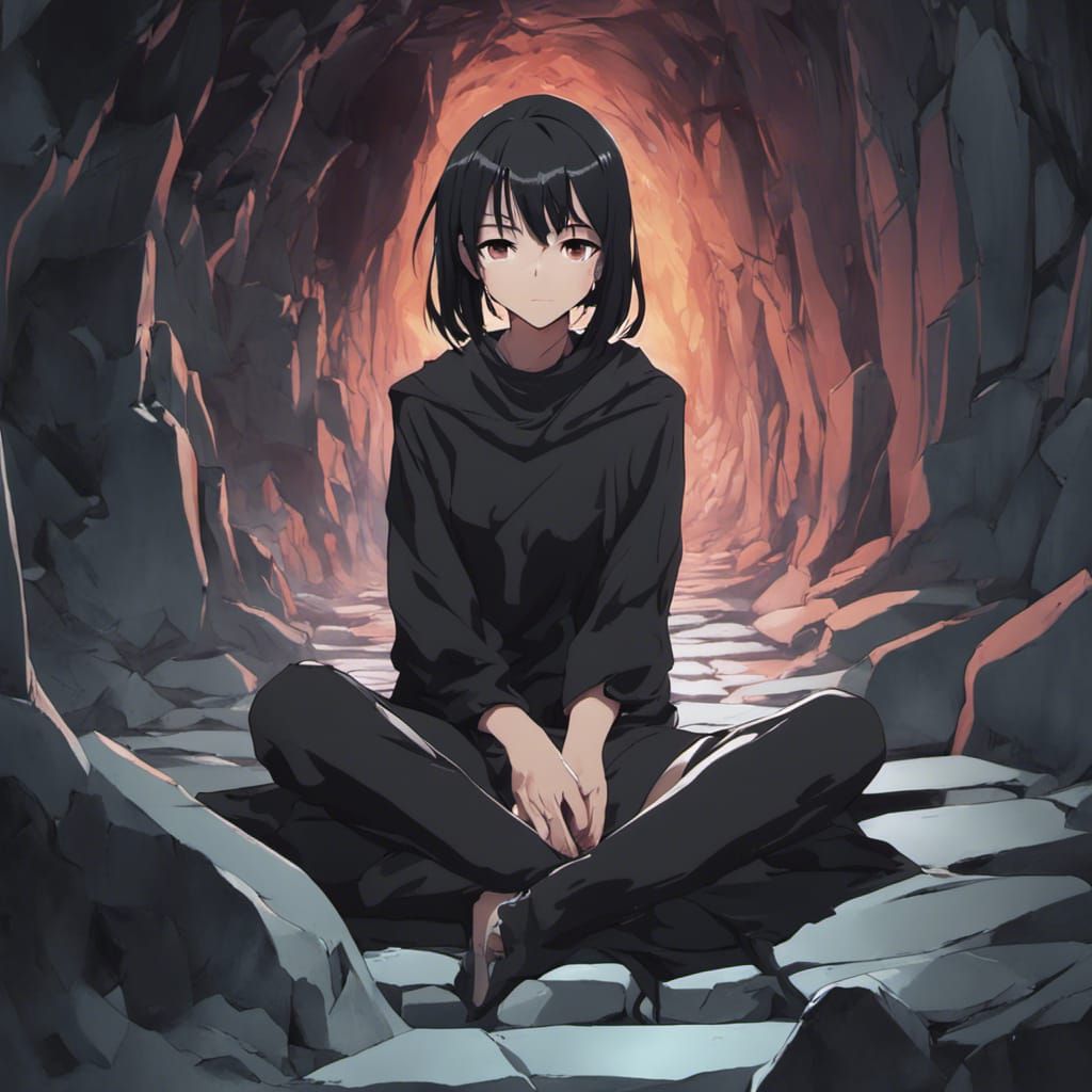 Anime Girl in Dark Cavern, Manga Style