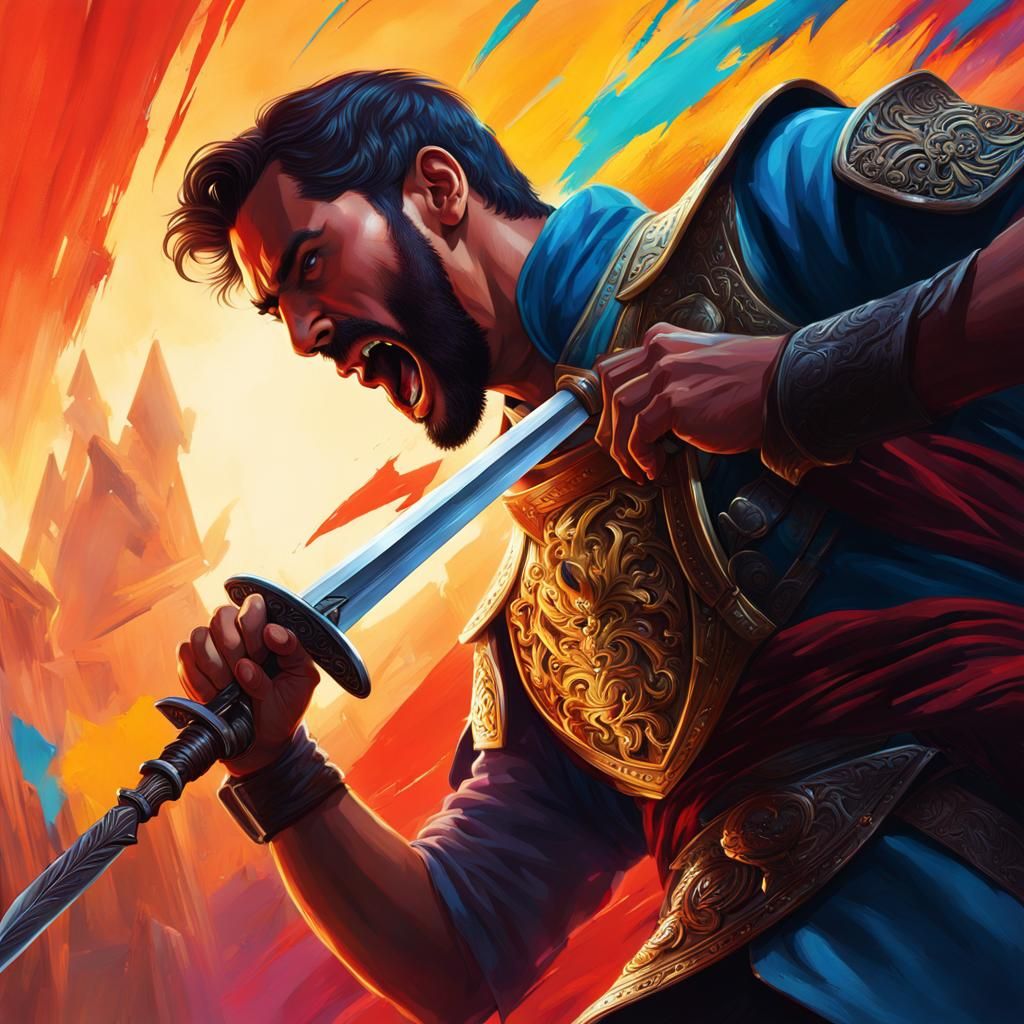 Hyperrealistic Man Points Sword at Throat