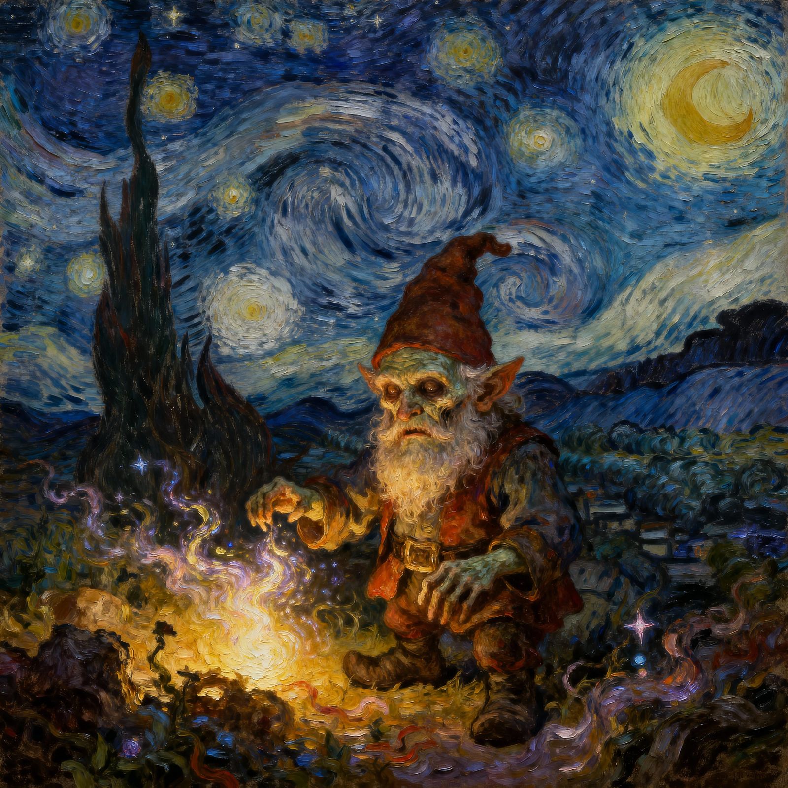 Undead Gnome Under Starry Night in Van Gogh Rembrandt Style