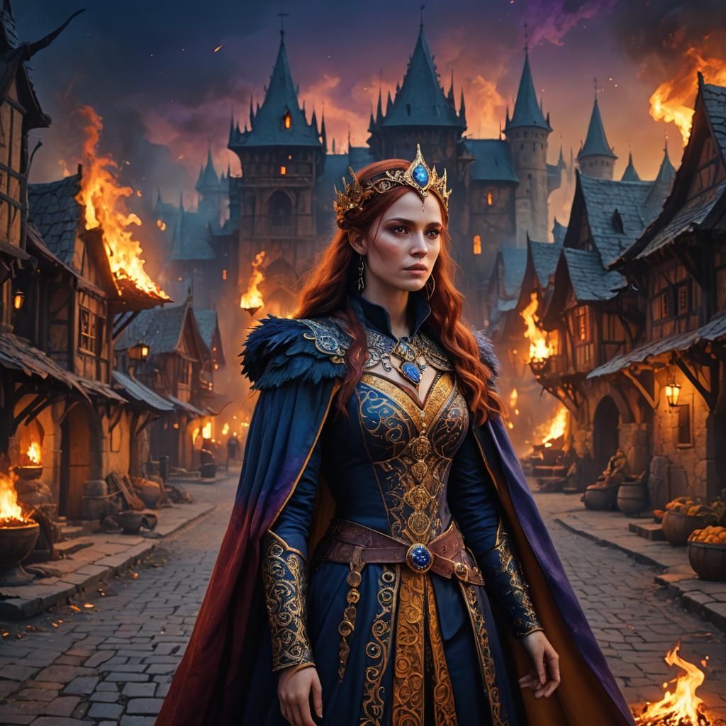 Fantasy Sorceress in Burning Village, Dark Fantasy Art