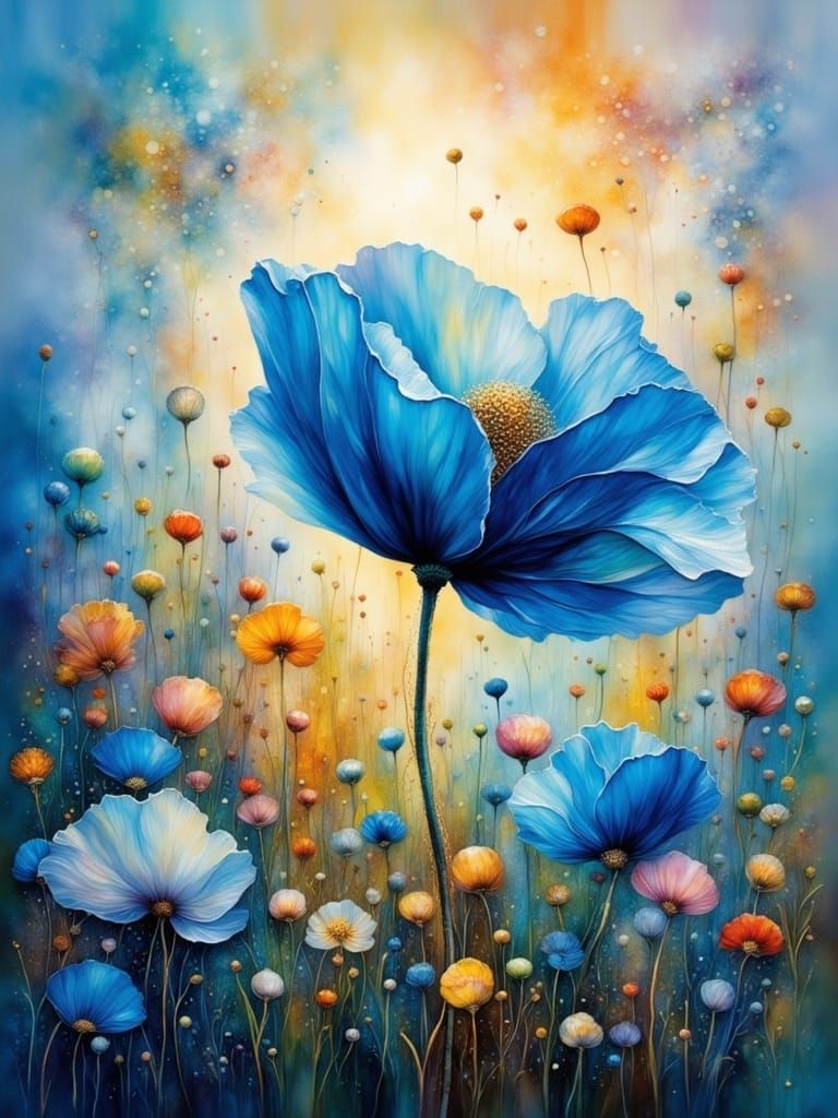 Blue Poppy in Misty Bokeh - Neo-Impressionist Oil Painting