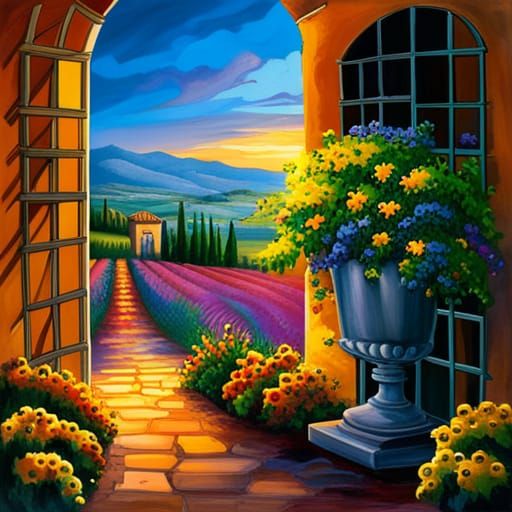 Tuscan Sunset: Ornate Doorway with Flowers, Oil Painting
