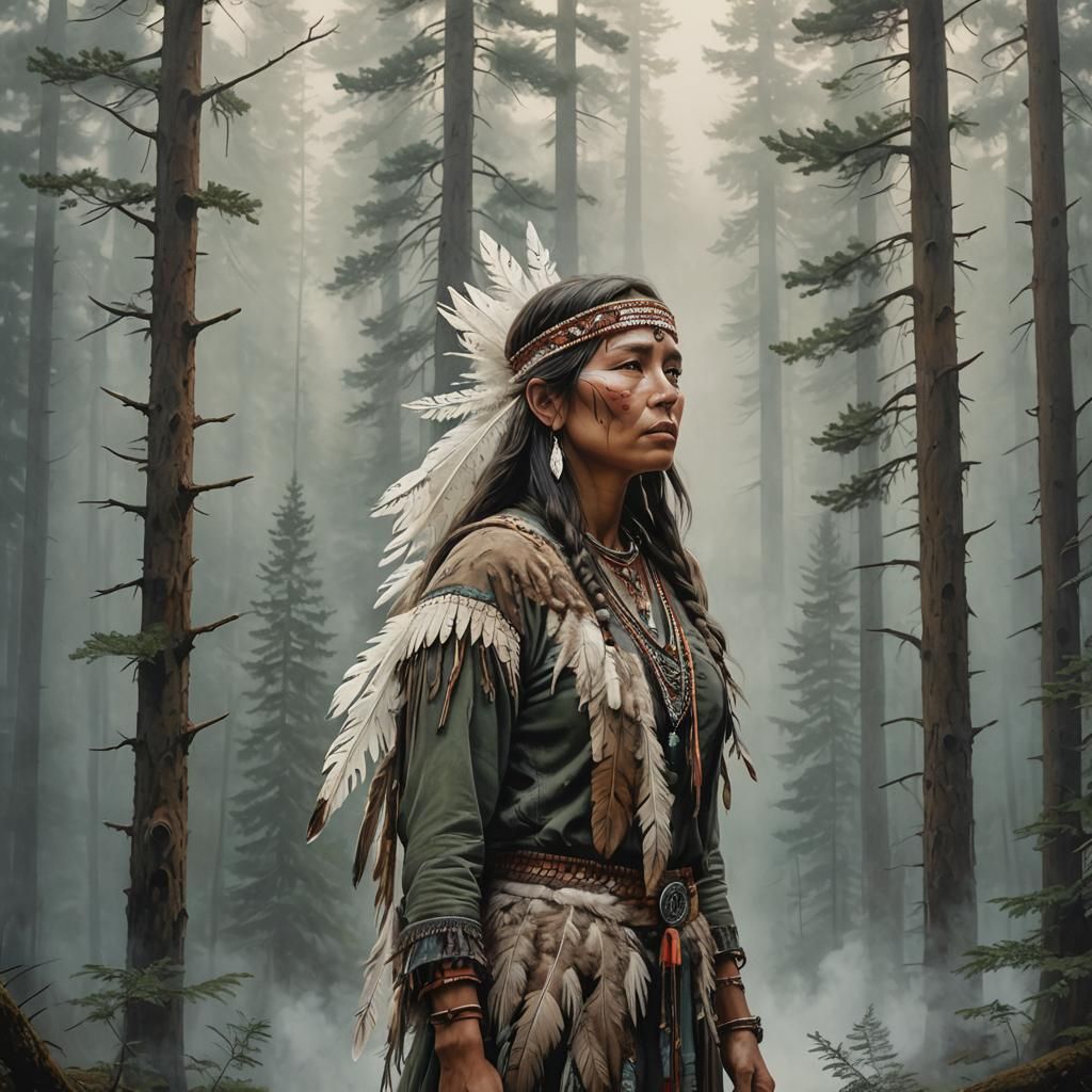 Feather Artwork with Foggy Forest and Native Woman