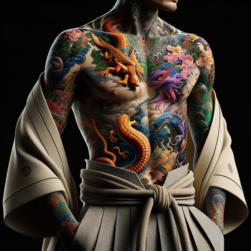 Crowned Figure with Living Tattoos in Cinematic Style
