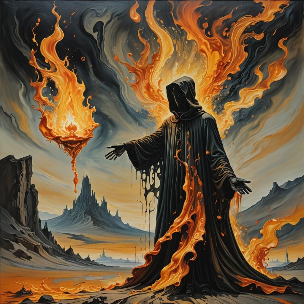 Cloaked Figure Grabs Flame in Surrealist Dreamscape